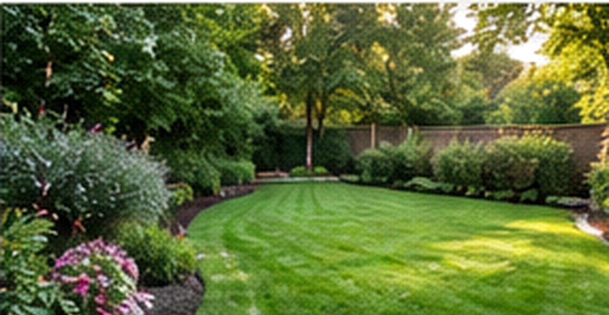 Green residential lawn bordered by flowering garden beds