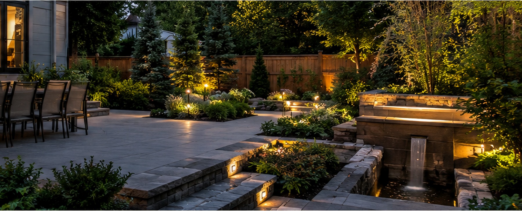 Elegant landscaped backyard with stone terraces, lush planting, and warm evening lighting