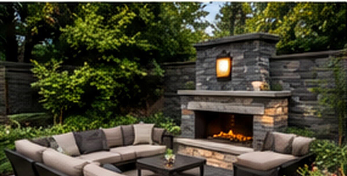 Outdoor lounge with stone fireplace and comfortable seating