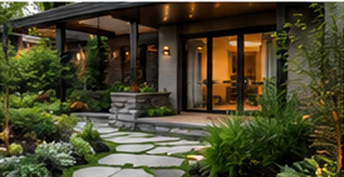 Stone path through a lush contemporary residential garden